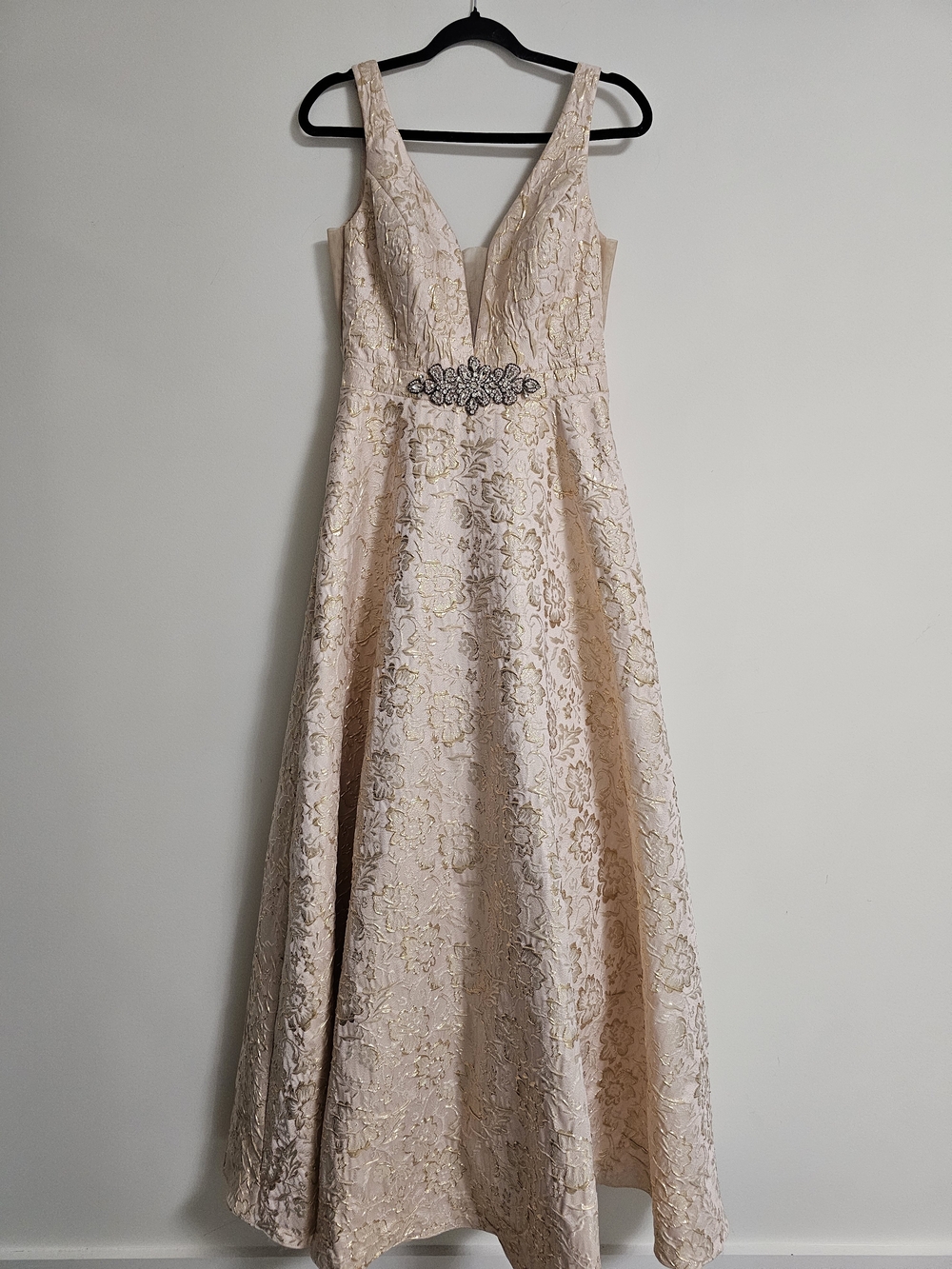 Cachet Blush Pink Lace A-Line Prom Dress with Rhinestone Waist